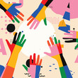 Colorful human hands vector illustration. Charity and help, volunteerism, social care and community support concepts.