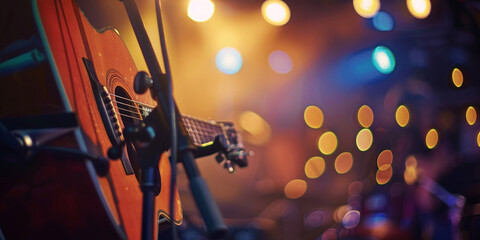 guitar stand on empty acoustic music stage.