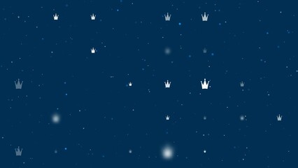 Poster - Template animation of evenly spaced crown symbols of different sizes and opacity. Animation of transparency and size. Seamless looped 4k animation on dark blue background with stars