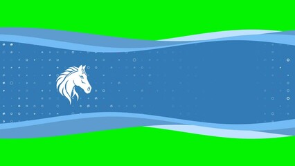 Poster - Animation of blue banner waves movement with white horse's head symbol on the left. On the background there are small white shapes. Seamless looped 4k animation on chroma key background
