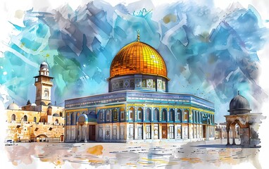 Al-Aqsa Mosque and Dome of the Rock in Jerusalem, Israel. Watercolor sketch. 