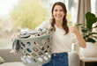 Laundry, basket or portrait of woman with thumbs up in house for spring cleaning, clothes or housework. Fabric, cleaner and fresh washing at home with service, vote or positive feedback excellence