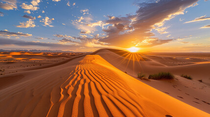 Wall Mural - Panoramic view of golden sunset rays over vast sand dunes