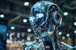 Rising from a symphony of wires and circuits, a robot in a metallic form, adorned with LED lights