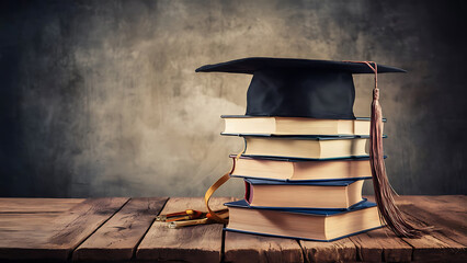 graduation cap and books on wooden background, AI Generative