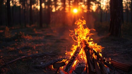 Wall Mural - Burning bonfire at sunset during a forest hike