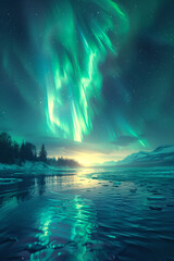 Wall Mural - Majestic Northern Lights Over Tranquil Winter Lake, Generative AI