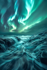 Wall Mural - Vibrant Aurora Over Snow-Covered Wilderness River, Generative AI
