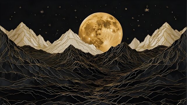 The mountains are outlined in golden lines, with a bright moon in the space between them and a black background. The mountains create an ethereal, flowing slope pattern that gives the impression of...