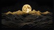 © Hassan - The mountains are outlined in golden lines, with a bright moon in the space between them and a black background. The mountains create an ethereal, flowing slope pattern that gives the impression of...