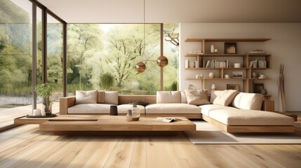 Wall Mural - b'Airy and bright living room with large windows and a wooden platform with a sofa, coffee table, and rug'