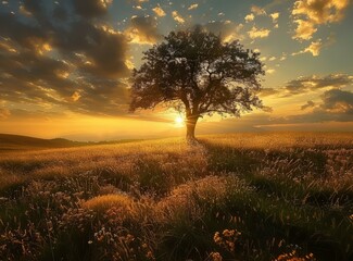 Canvas Print - b'Lonely Tree in a Field of Wheat During Sunset'