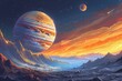 b'An illustration of a rocky moon with a view of a gas giant in the sky'