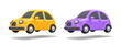 Yellow and purple cars isolated on white background. Clipping path included