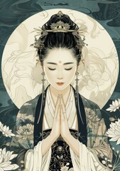 Wall Mural - b'An illustration of a praying Chinese woman in traditional clothes with a moon in the background'