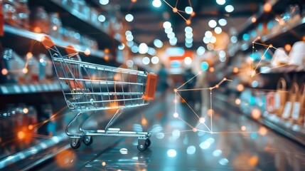 Poster - A shopping cart is in a store with a blurry background