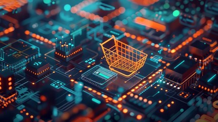 Poster - A computer chip with a shopping cart on it. The image is a representation of a futuristic cityscape