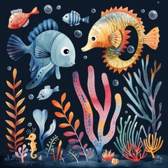 Canvas Print - b'Underwater world with cute cartoon fishes and sea plants'