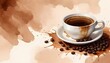 Watercolor wallpaper with a cup of coffee and coffee beans.