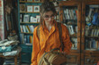 © PHAISITSAWAN - A beautiful girl with glasses in an office shirt collects a backpack in the living room, copy space