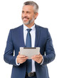 Happy mature businessman holding a digital tablet in his hands. Middle aged CEO in suit, elderly businessman, professional entrepreneur.