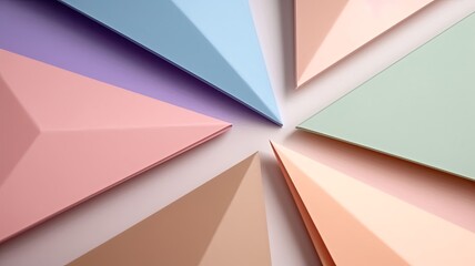 Wall Mural - featuring triangle-shaped multicolor sticky notepads arranged on a stage, set against a backdrop of simple elegance.