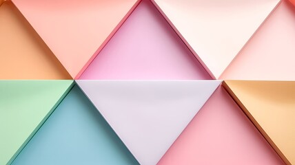 Wall Mural - featuring triangle-shaped multicolor sticky notepads arranged on a stage, set against a backdrop of simple elegance.