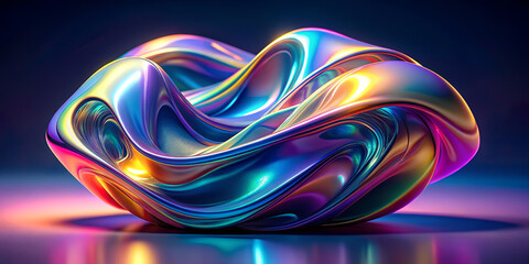 Wall Mural - A colorful, metallic-looking object with a smooth, wavy form sits against a dark background with subtle reflections on the surface it rests upon. It features a blend of iridescent colors.AI generated.
