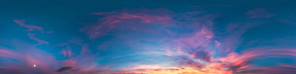 Wall Mural - Sunset sky with bright glowing pink Cirrus clouds. Seamless spherical HDR 360 panorama. Full zenith or sky dome in 3D, sky replacement for aerial drone panoramas. Climate and weather change.
