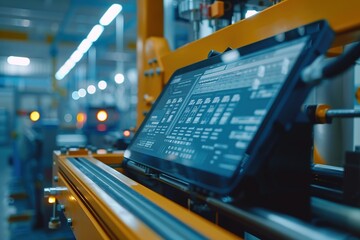 Canvas Print - Close up of modern factory machinery using a tablet to control the robot. Technology to help work in order to make business faster concept