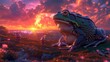 Gigantic Frog in Enchanted Landscape at Vibrant Sunset with Distant NeonLit City