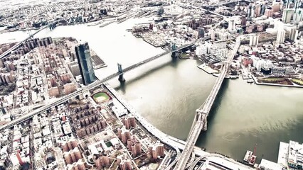 Sticker - Bridges of New York City. Brooklyn Bridge and Manhattan Bridge, vintage filter - aerial view