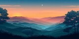 Fototapeta Góry - Vibrant sunset over peaceful mountain ranges with starry sky.