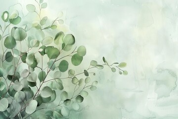 Wall Mural - delicate silver dollar eucalyptus leaves on soft green watercolor background floral banner design