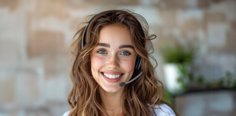 Poster - Cheerful woman with headset in home office