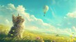 Kitten looks at balloon in sunny meadow with flowers and hills. Fluffy kitten gazes at a balloon in a serene landscape with flowers.