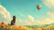 Kitten looks at balloon in sunny meadow with flowers and hills. Fluffy kitten gazes at a balloon in a serene landscape with flowers.