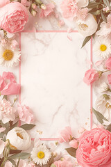 Sticker - A pink background frame with a white frame and pink flowers. The flowers are roses and there are also some daisies