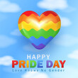 Square greeting card with 3d puffy rainbow heart in the pure sky and text for Pride month celebration. Soft blue poster with LGBTQ+ flag in heart shape as symbol of love, acceptance, diversity
