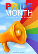 Template of vertical greeting card with 3d realistic yellow loudspeaker and LGBTQ+ rainbow flag in pure sky with clouds. Poster, postcard with cartoon megaphone, bright rainbow. Pride Month event