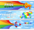 Set of Pride Month panoramic banners with 3d cartoon rocket, realistic megaphone, colorful hearts and bright rainbow in the blue pure sky. Template of trendy header, billboard with LGBTQ+ rainbow flag