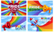 Set of various Pride Month banners with 3d cartoon rocket, realistic megaphone, heart and bright rainbows in the blue pure sky. Template of trendy horizontal greeting cards with LGBTQ+ rainbow flag