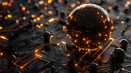 futuristic technology background featuring glowing binary circuit lines intricately wrapped around a black sphere, modern cyber tech wallpaper, technology business background 