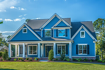 An elegant electric blue house with siding, located on a large lot in a quiet subdivision, featuring traditional windows and shutters, under a sunny day.