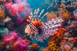 A lionfish amidst a colorful coral reef. In this vibrant underwater scene, the lionfish takes center stage, its striking red and white stripes