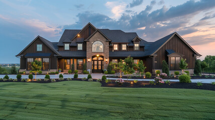 Wall Mural - A dark walnut brown classic house with an expansive front lawn and a series of small, ornamental trees.