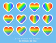 Set of flat rainbow heart stickers, symbolizing love and diversity, perfect for Pride month events. Cute puffy colorful heart shape labels, icons on blue background. Hearts with LGBT flag pattern