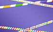 Empty banner and white barricade tapes with rainbow LGBT flag diagonal stripes for Pride Month on purple background. Template of wallpaper with seamless LGBTQ+ ribbons, stripes and copy space for text