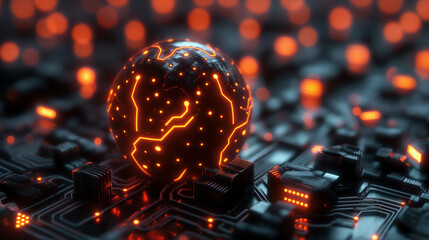 Poster - futuristic technology background featuring glowing binary circuit lines intricately wrapped around a black sphere, modern cyber tech wallpaper, technology business background 