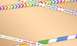 Beige blank wallpaper with bright colorful realistic ribbons with LGBTQ+ rainbow flag and text - Pride Month, Love is love. Background with barricade tapes, crossed stripes as frame and copy space